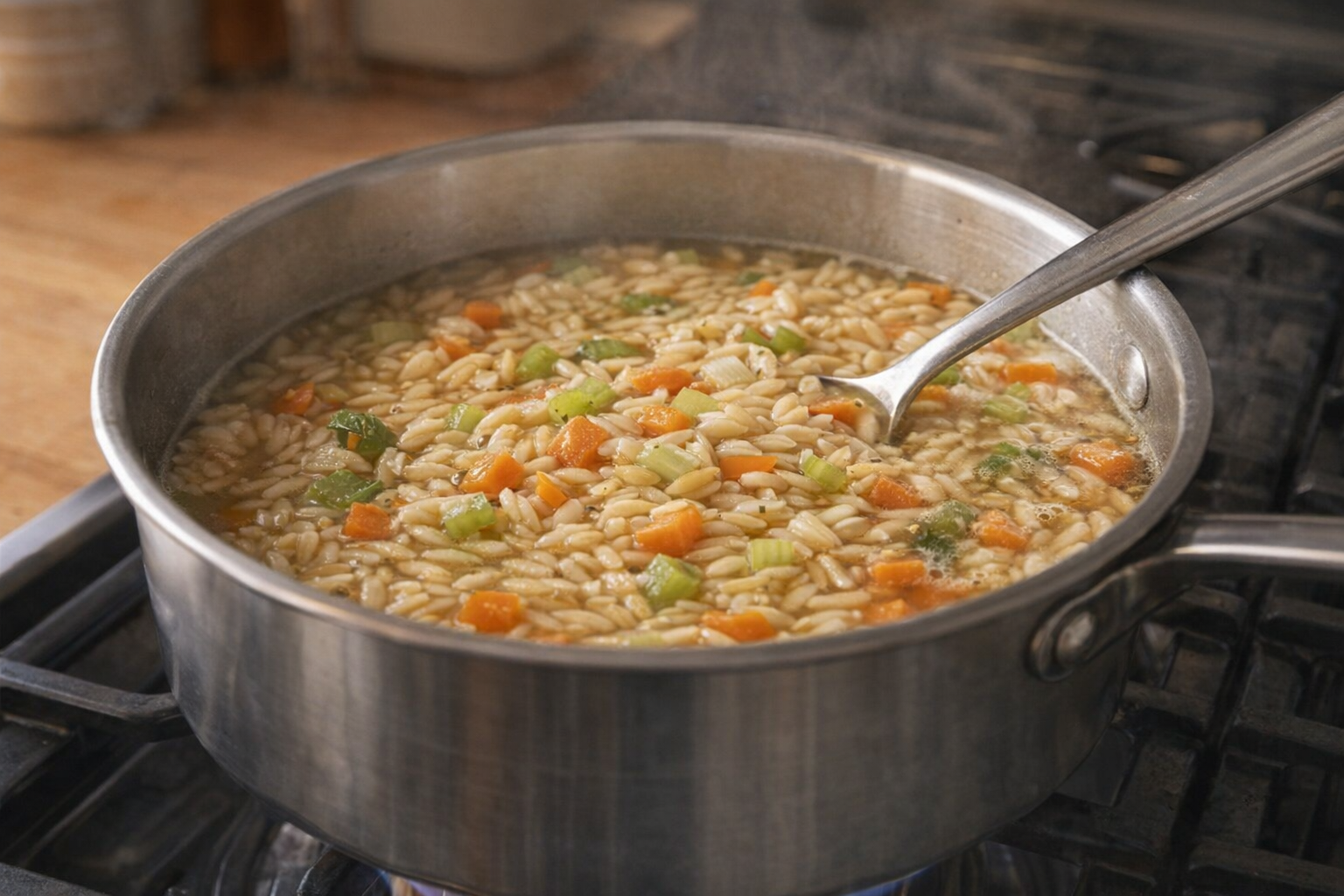Orzo simmering in chicken broth with diced carrots and celery in a stainless steel saucepan on a gas stovetop, medium shot, warm lighting